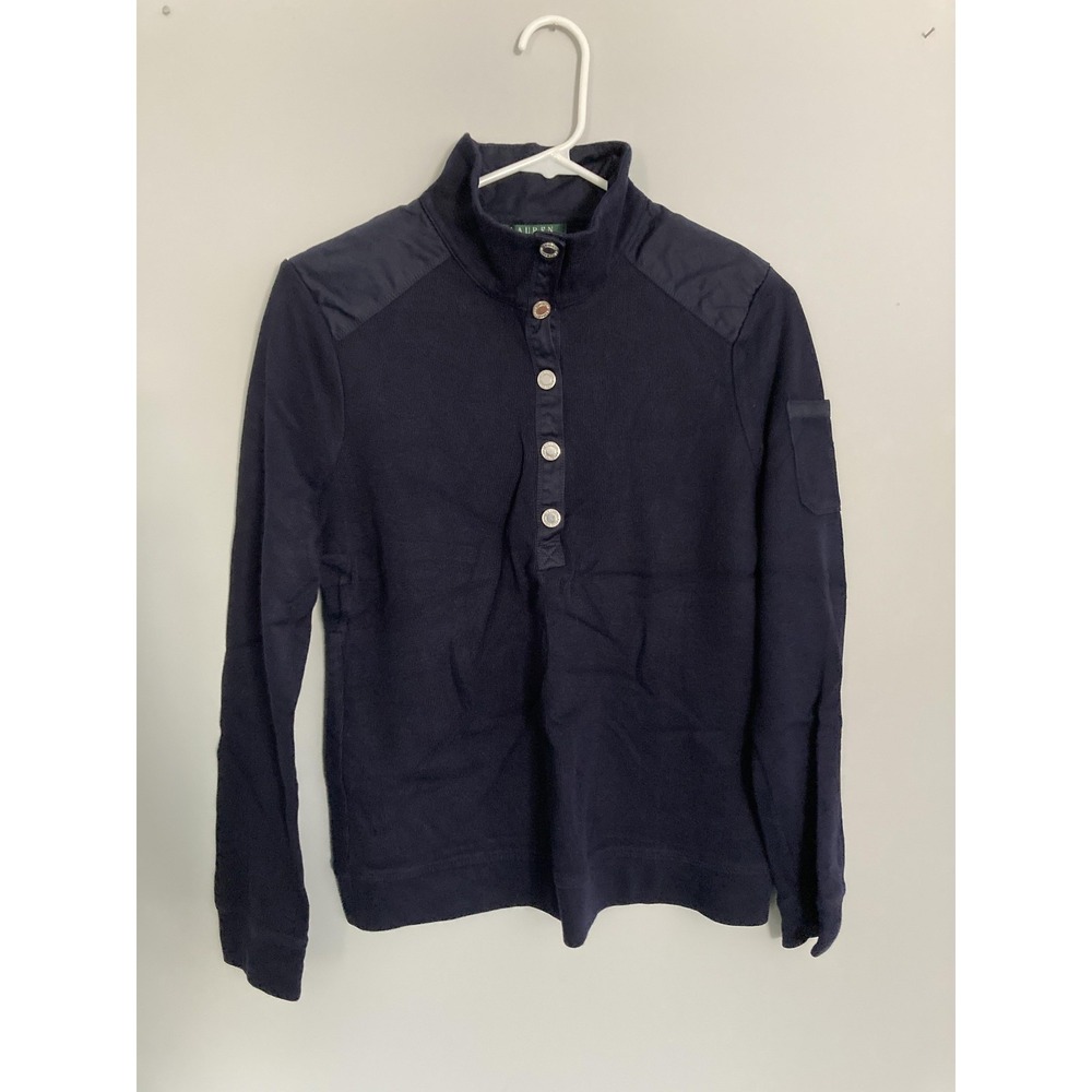 Lauren Ralph Lauren Sweater Women L Blue Mock Neck Corduroy Henley Knit Pocket